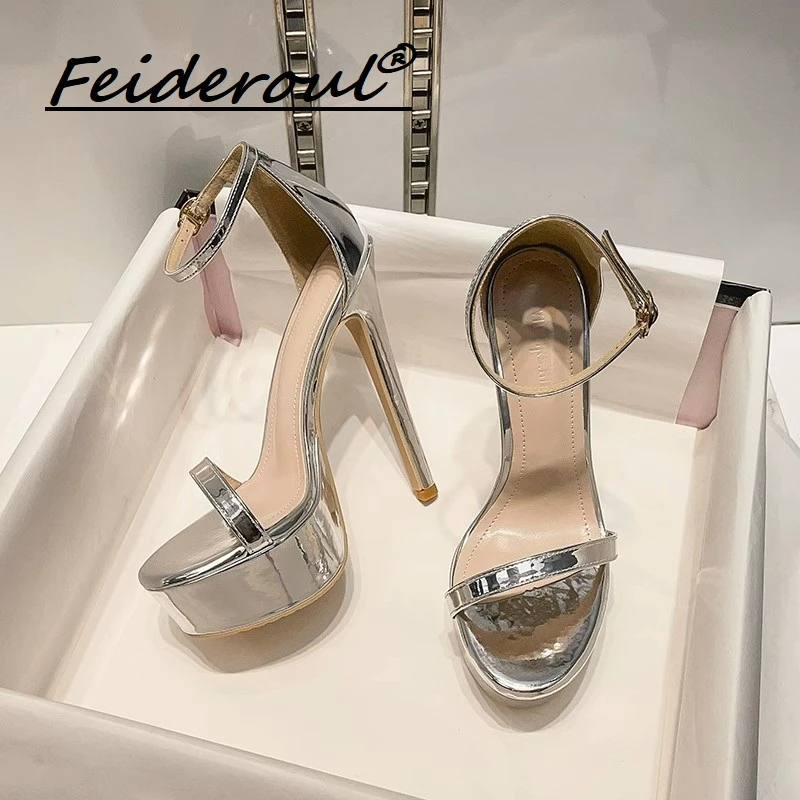 Feideroul一字带性感超高凉鞋夜场露趾银色防水台模特细跟恨天高