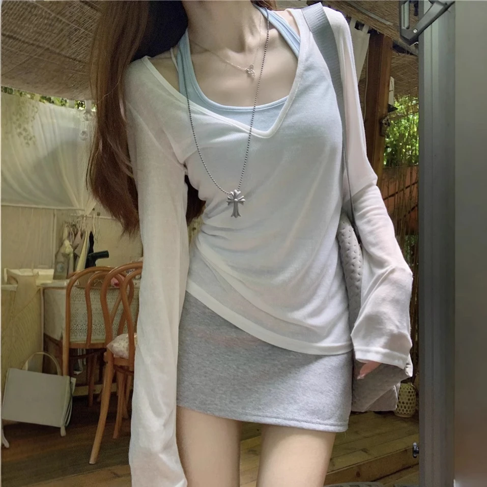 夏季正肩V领罩衫女长袖t恤欧若风设计感百搭显瘦背心上衣服