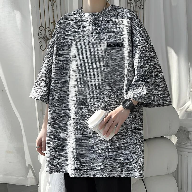 引创2025夏季新款大码华夫格百搭潮流宽松刺绣圆领休闲T恤短袖男