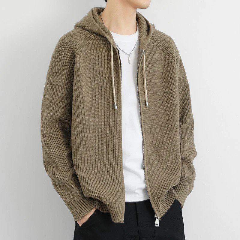 连帽男生开衫毛衣外套秋冬高级感纯色宽松帅气褂子潮流针织衫夹克