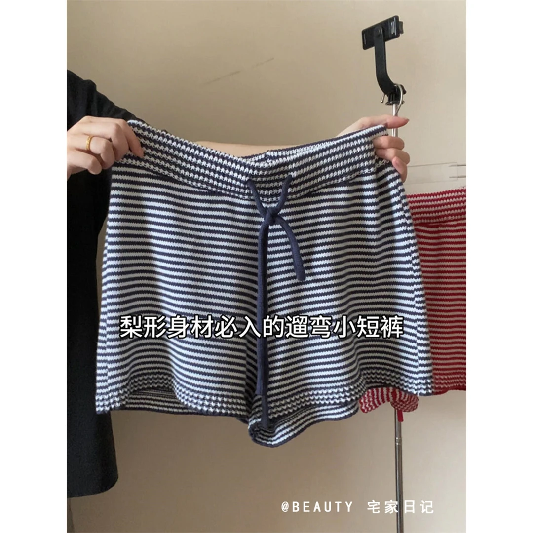 大码简约撞色条纹睡裤女2025新款夏季系带休闲短裤可外穿家居裤子