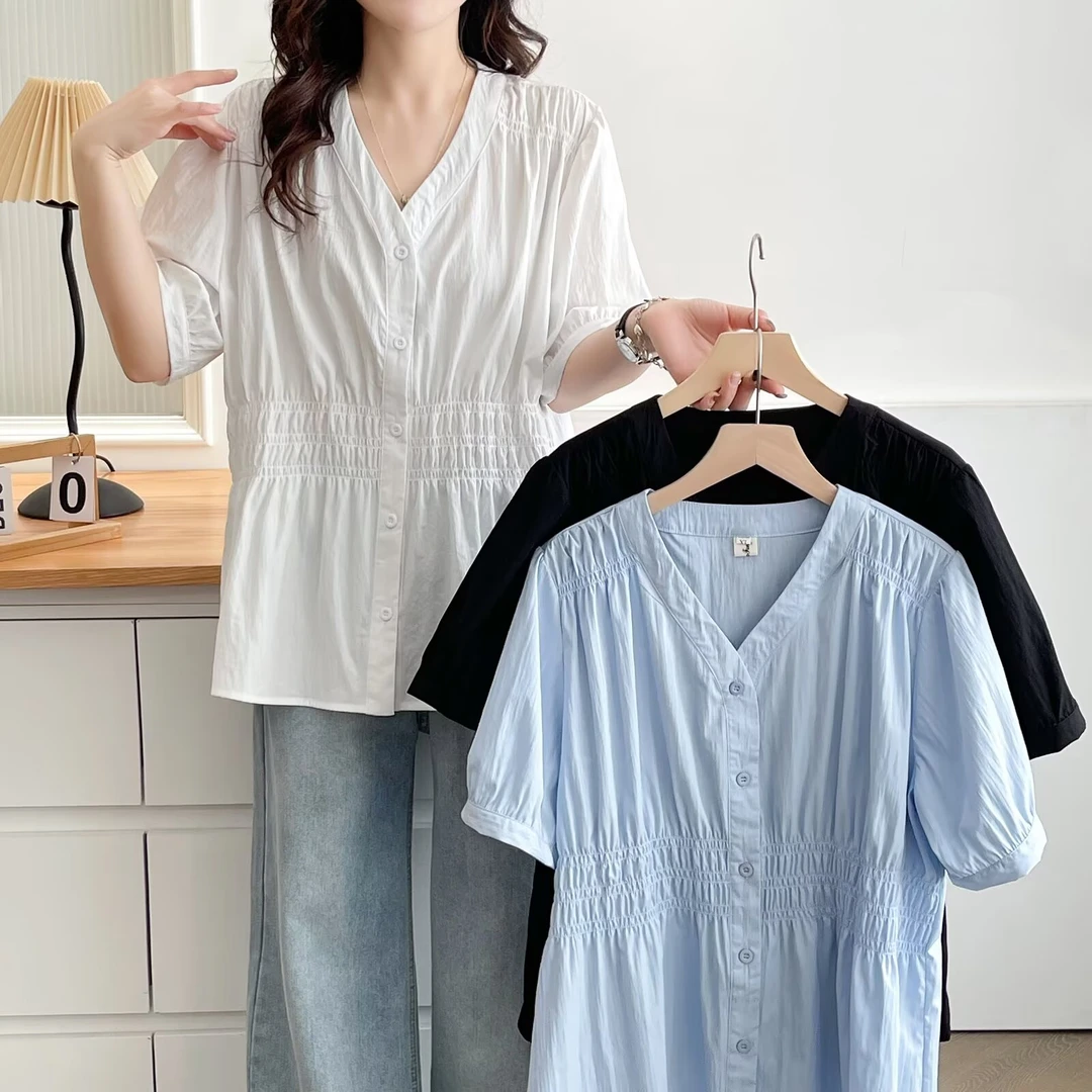 大码女装胖mm韩版V领褶皱收腰短袖衬衫2025夏季显瘦百搭休闲上衣