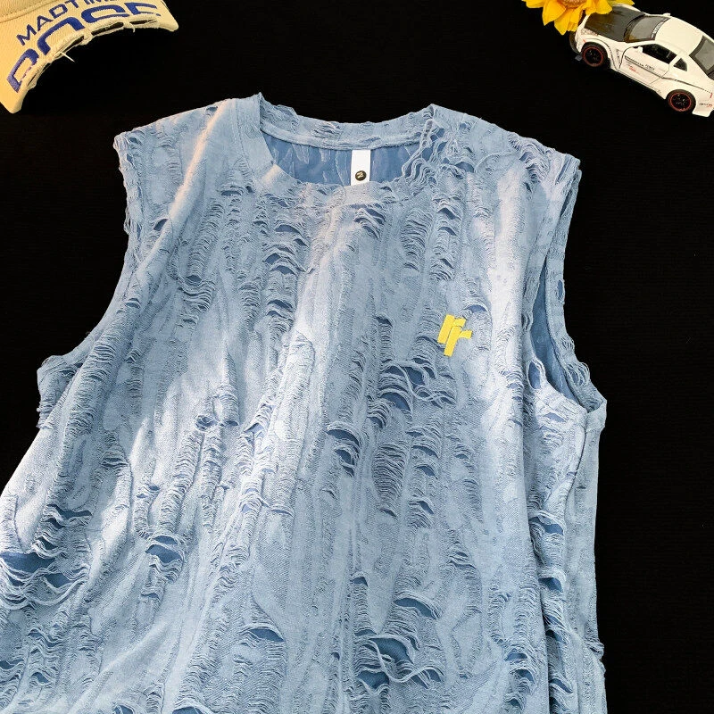 美式镂空破洞冰丝坎肩背心男夏季废土风汗衫运动健身痞帅无袖t恤