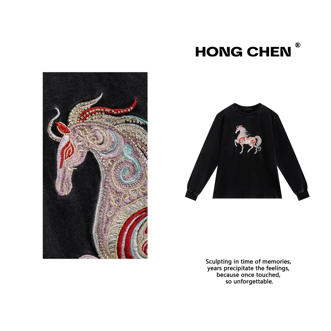 【虹辰·敦煌彩马】高端时尚炒色长袖T恤潮流宽松休闲女士卫衣HC3009