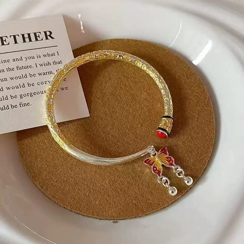 足银手镯 足银999.9新款简约描金吉言蝴蝶开口手镯女新中式民族风