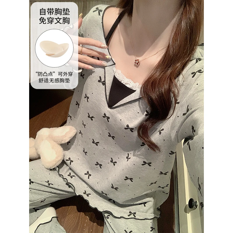 芯语婷春秋季新款满印蝴蝶结波点带胸垫女士睡衣长袖家居服可外穿