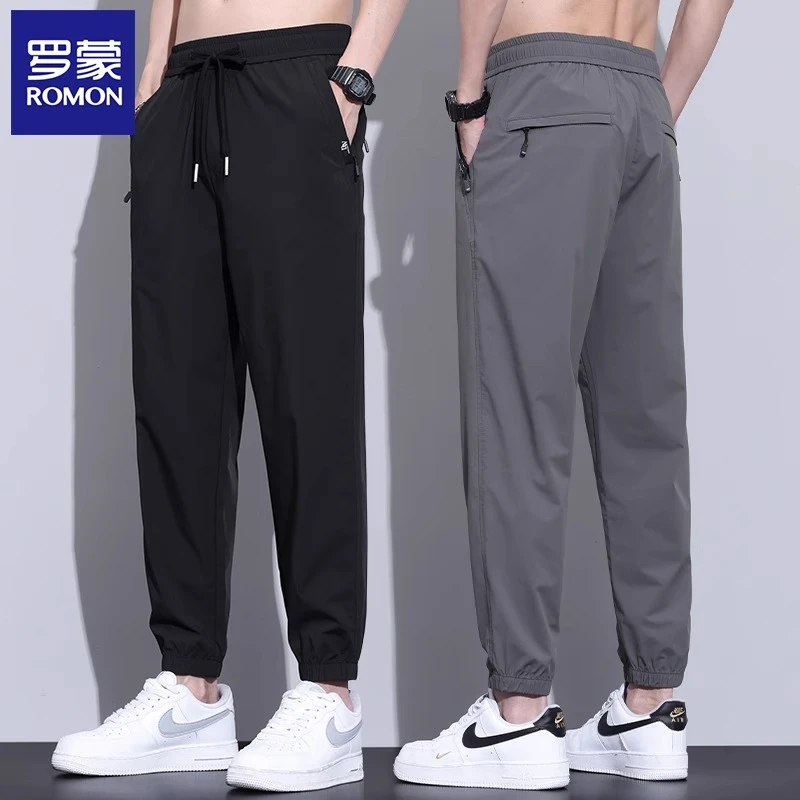 罗蒙冰丝九分裤子男士2025夏季薄款宽松束脚青年速干运动休闲裤男