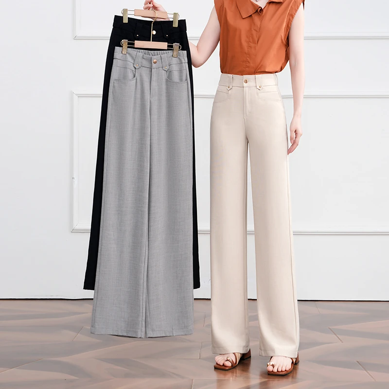 2025夏季天丝亚麻窄版直筒女裤薄款透气显瘦百搭时尚垂感休闲裤