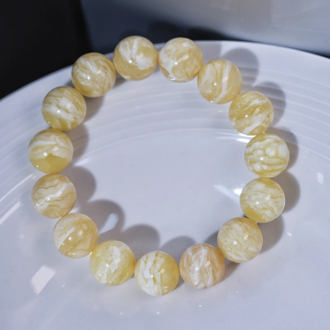 15mm+俄料天然保真精品虎皮纹瓷白花蜡蜜蜡手串文玩收藏珠宝单圈