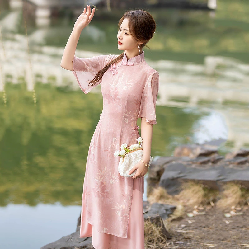 新中式旗袍粉色仙女缎面小个子通勤气质仙气显瘦收腰春季高品质