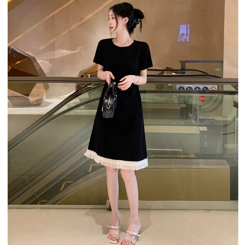 2025夏季新款气质花边裙边小香风短袖黑色显瘦连衣裙#843