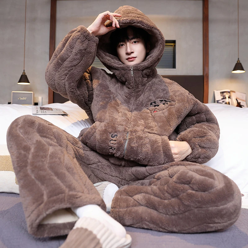 冬季三层夹棉男士睡衣保暖加绒加厚拉链珊瑚绒休闲外穿家居服套装