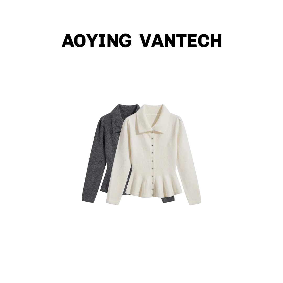 AOYING VANTECH【丘比特】细闪钻翻领高级感荷叶边小裙摆针织毛衣