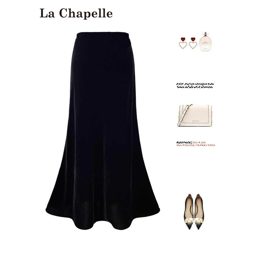 拉夏贝尔金丝绒高腰半身裙女秋冬加绒加厚高级感a字新款潮牌女装