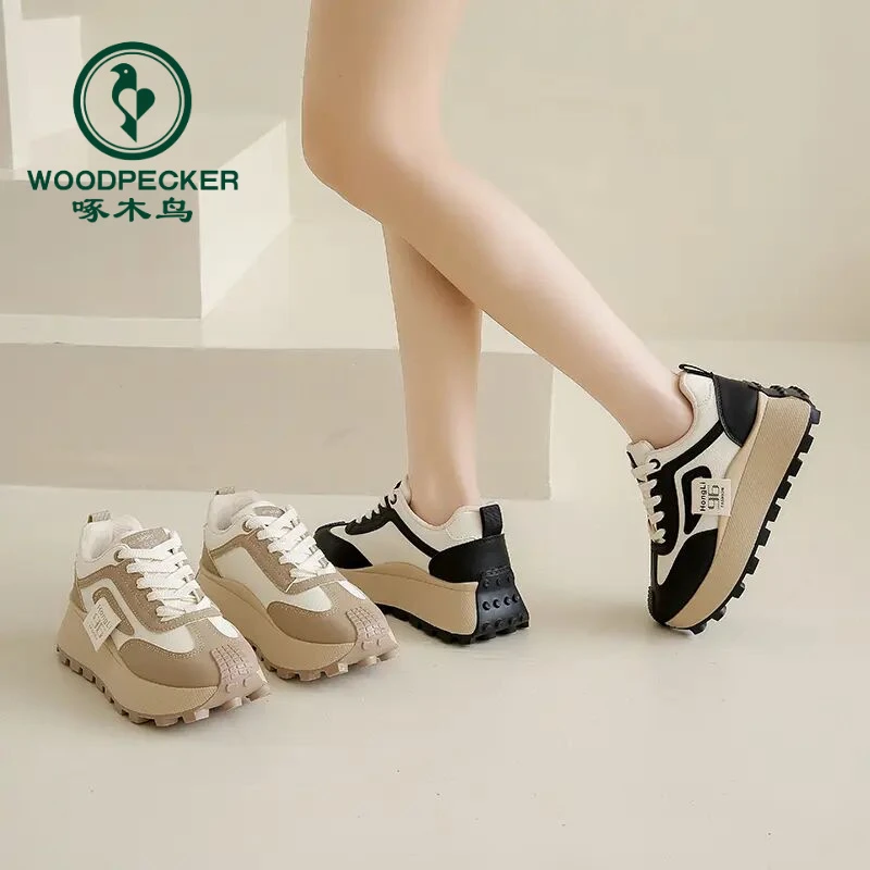 woodpecker/啄木鸟2025爆款厚底运动鞋女春秋新款百搭时尚低帮鞋