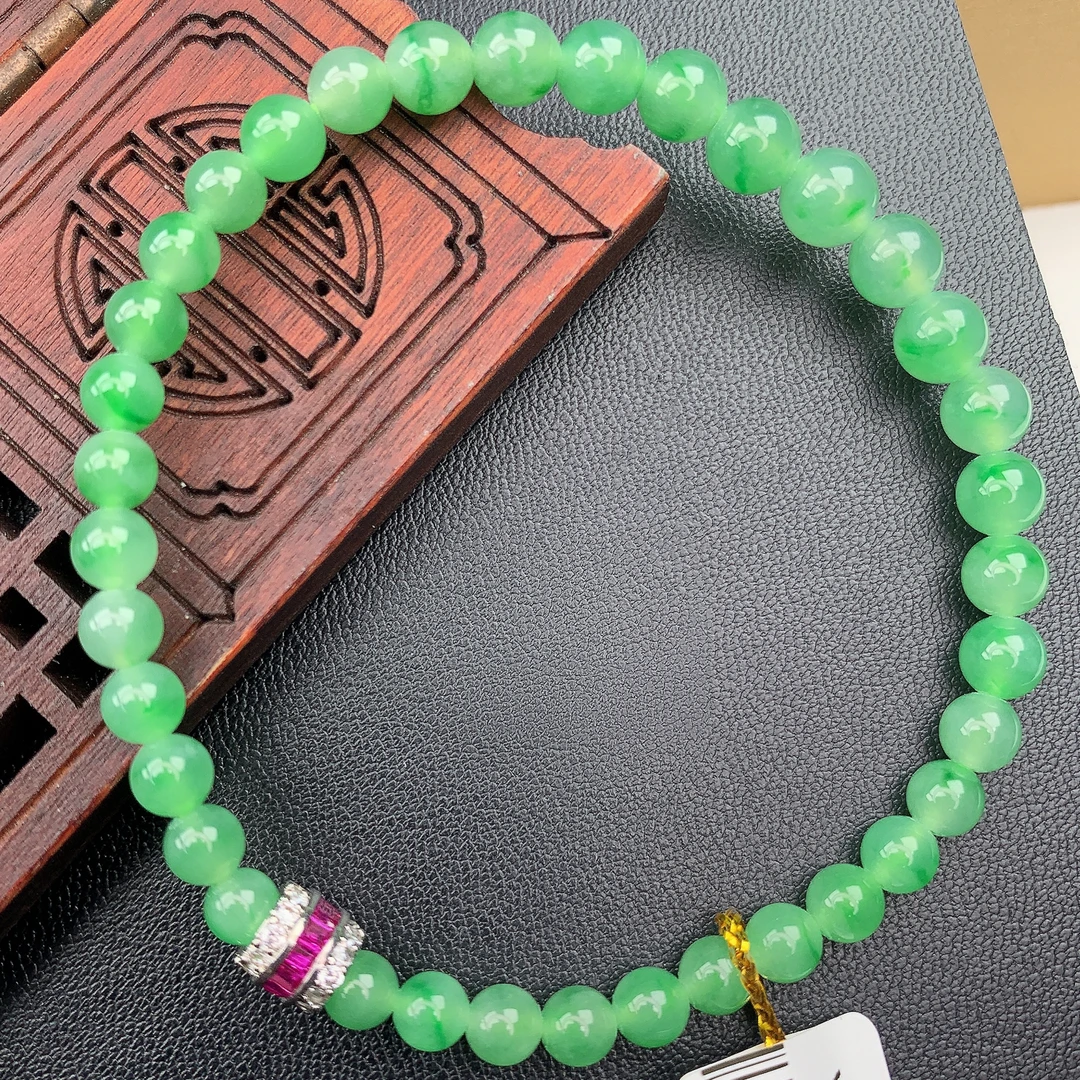 缅甸A货翡翠冰阳绿色飘绿花塔链圆珠手链手串单圈yxT卡4.5-6.2mm