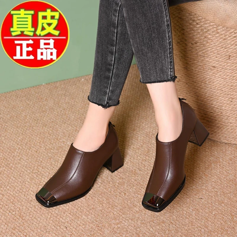 【万达撤柜】真皮女鞋法式方头复古软底高跟单鞋英伦风粗跟单鞋