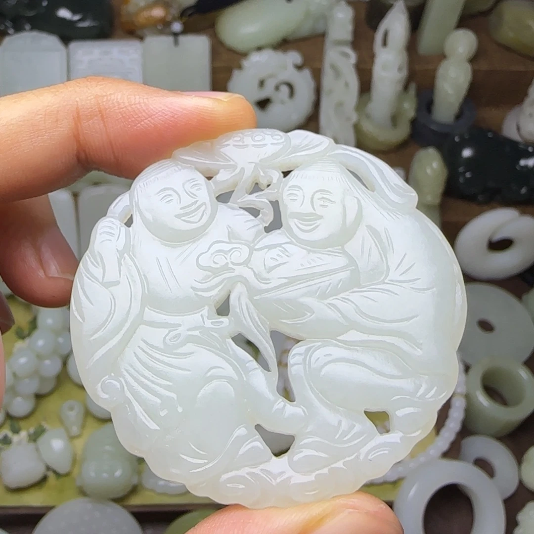 和田玉未镶嵌挂件和合二仙