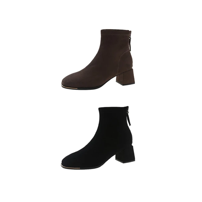 法式粗跟绒面瘦瘦短靴女2025新款后拉链时尚百搭马丁靴