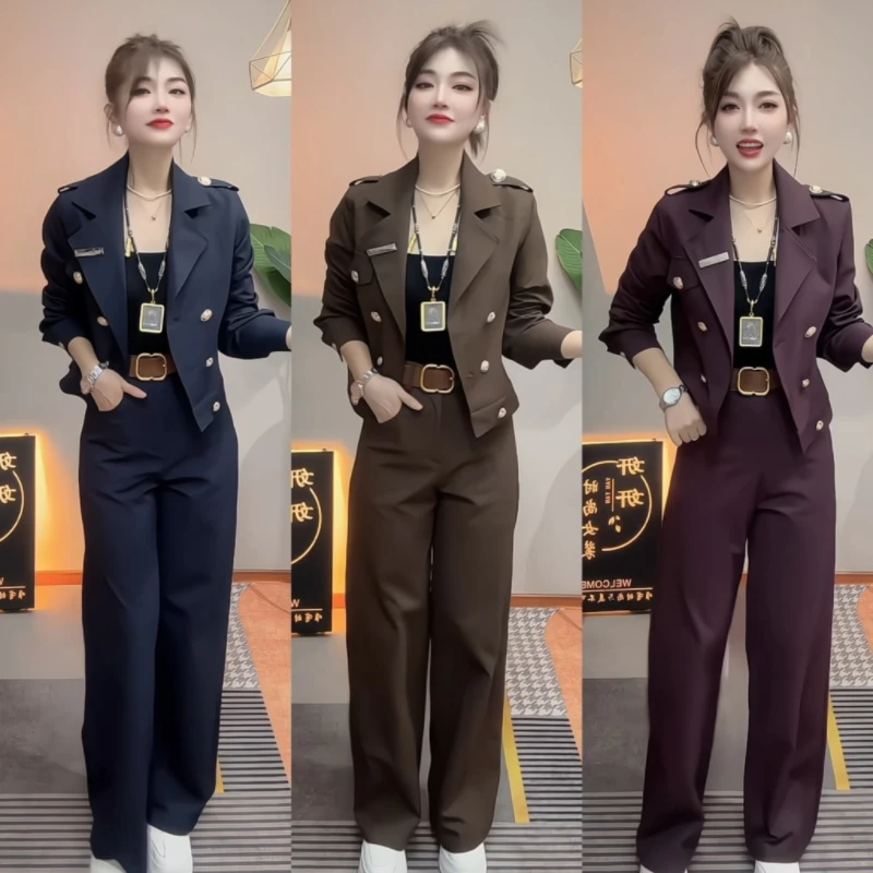 时尚轻职风高腰显瘦法式女装极简风上衣长裤套装