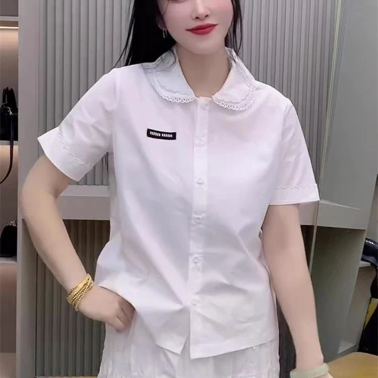 2025夏季洋气娃娃领蕾丝花边短袖衬衫女百搭显瘦上衣小衫V9869