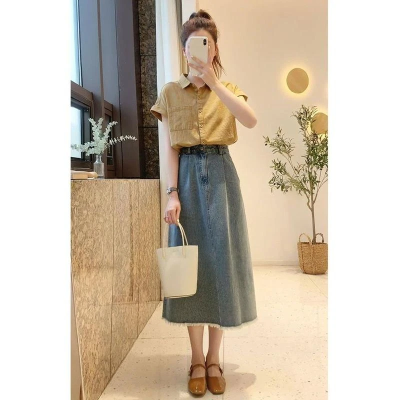 2025夏季新款时尚复古短袖衬衫休闲百搭牛仔半身裙减龄显瘦两件套