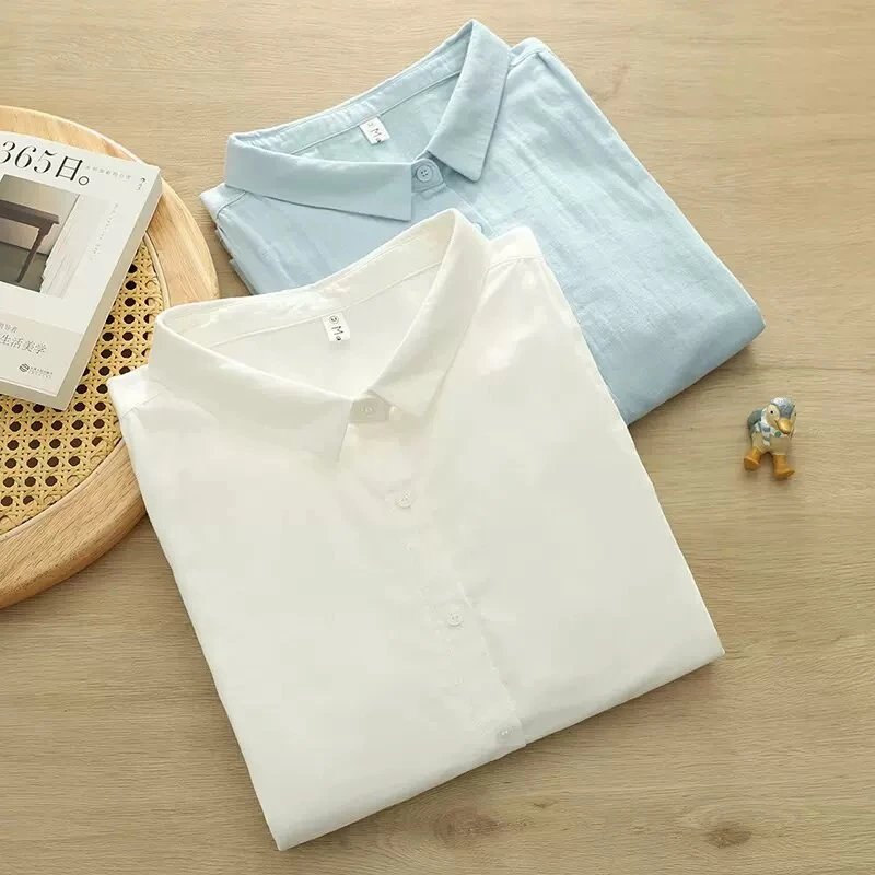 简约文艺清新纯色衬衫女夏季新款纯棉打底衬衣中袖宽松百搭上衣