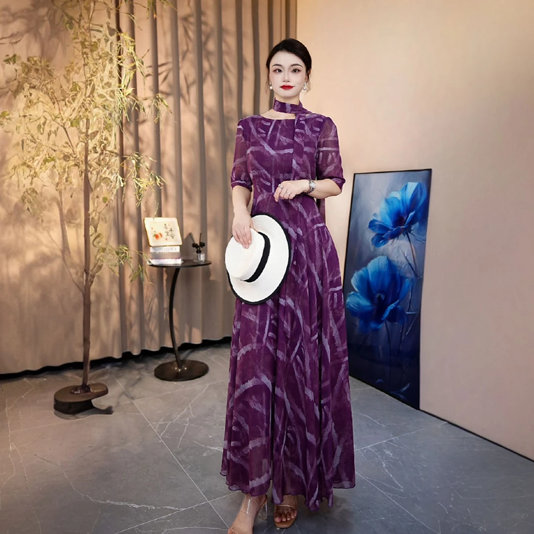 春夏新款色连衣裙中袖大摆裙长裙X690-14A