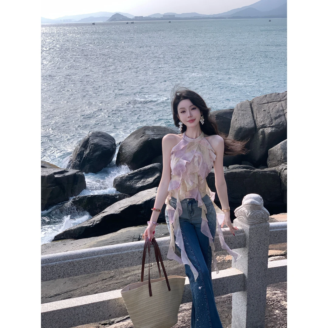 【雅乔定制】泡沫私语 春夏挂脖露肩雪纺荷叶边上衣DYLL-24126622