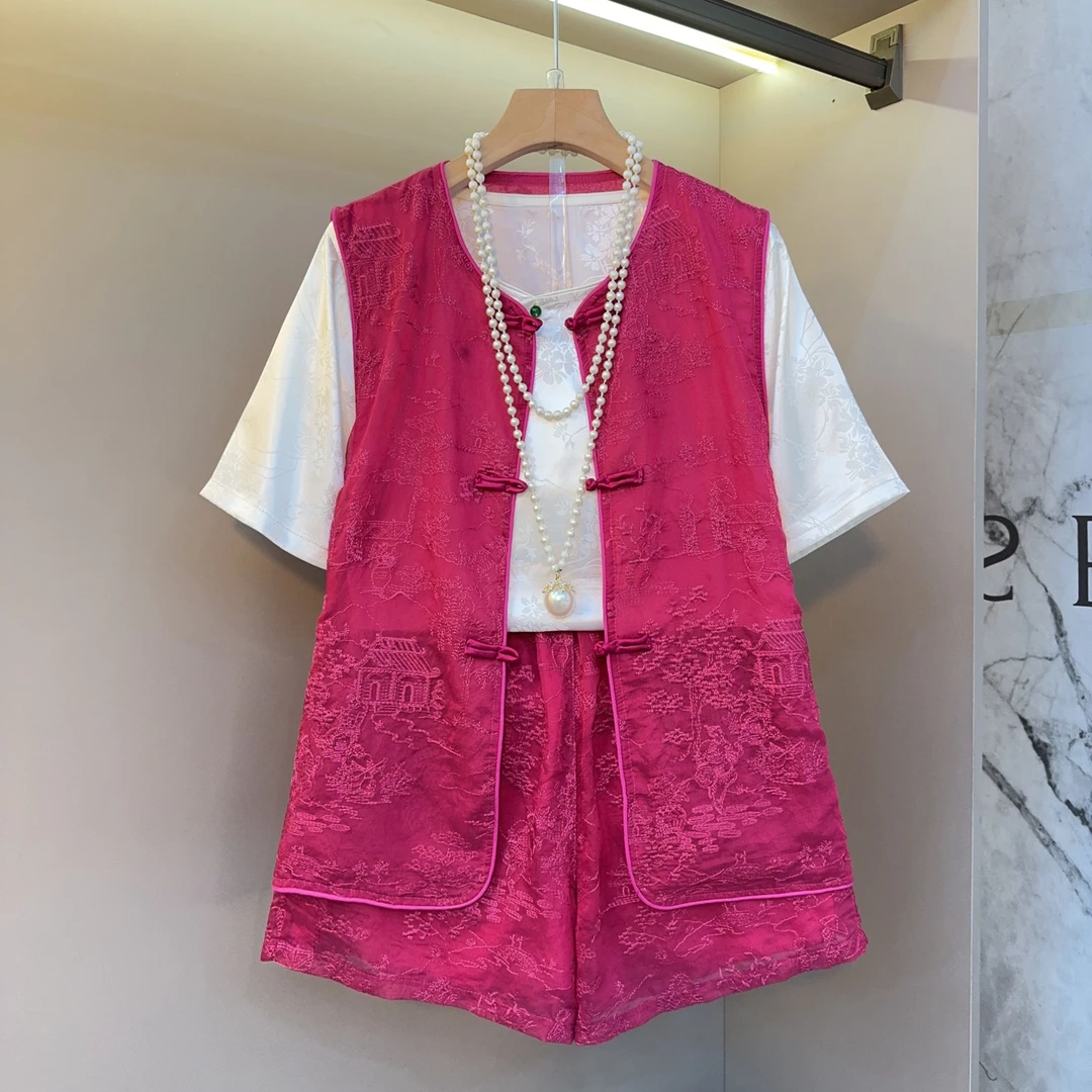 新中式国风盘扣新款胖妹妹2025提花简约款内搭马甲短裤套装24038