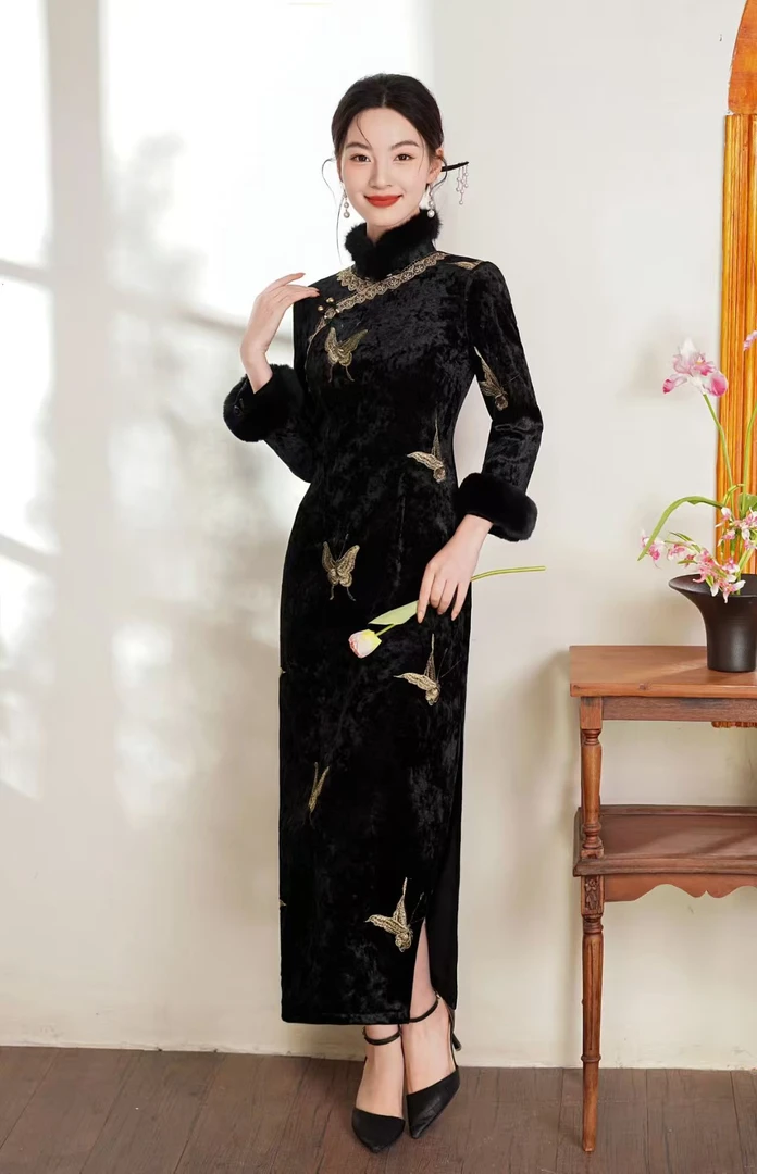 【舞蝶】中国风冬季高贵加绒毛领旗袍气质修身显瘦复古中长款A3