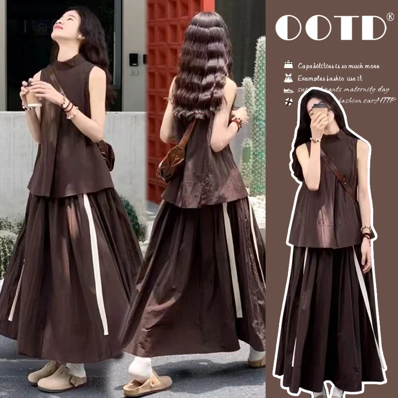 孕妇法式气质套装2025新款夏季无袖上衣半身裙潮妈孕期穿搭两件套