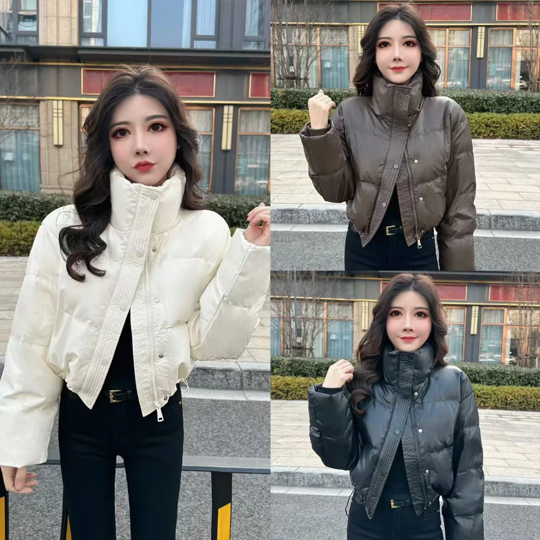 真真：定制款简约洋气立领面包服短款皮羽绒外套