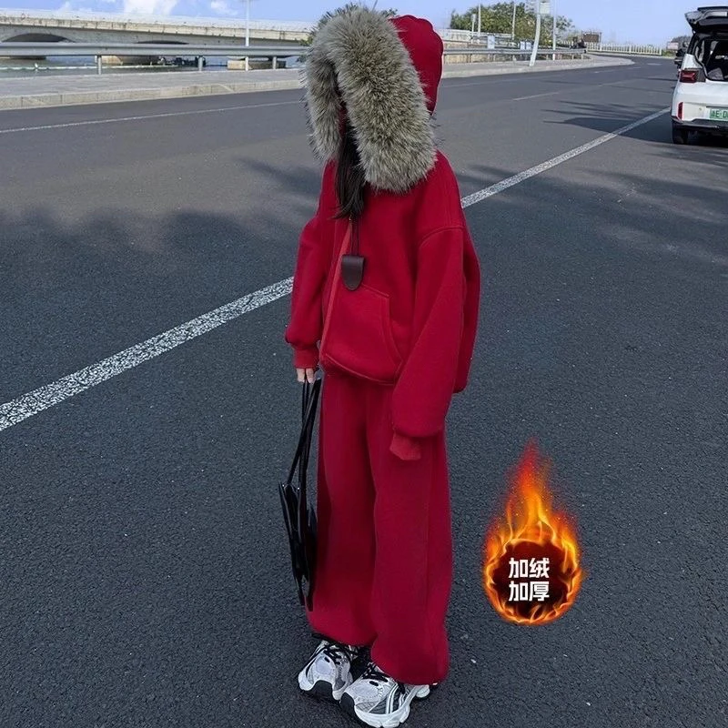 女童秋冬季美式辣妹卫衣套装连帽毛领外套红色卫裤慵懒休闲运动潮