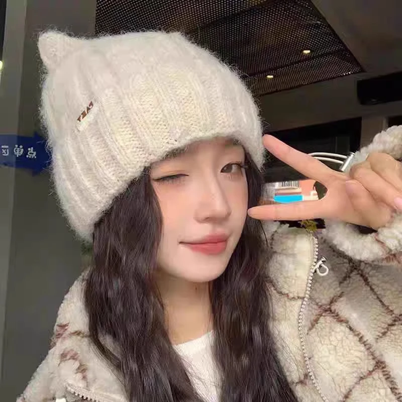 猫耳朵毛线帽子女秋冬季新款保暖可爱针织帽休闲百搭冷帽黑色灰色