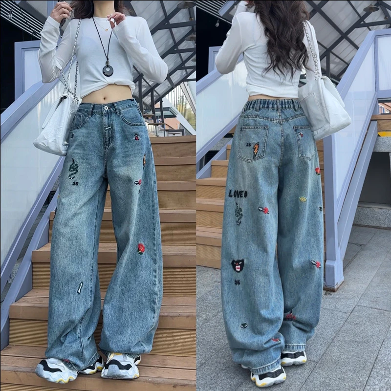 （清清款）11338重工刺绣软牛仔裤弯刀牛仔裤2025春季新款宽松阔腿