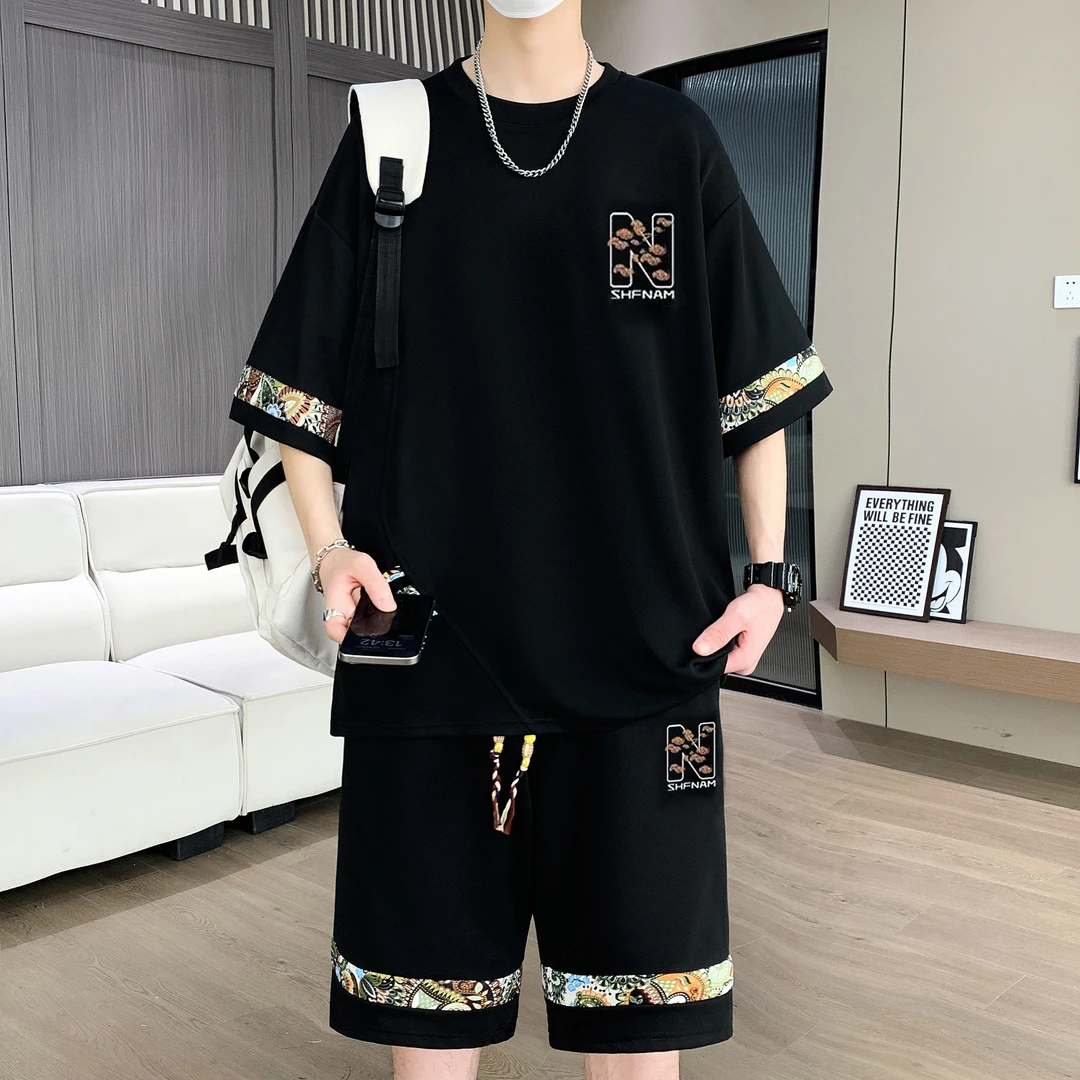 大码男装100-280斤冰丝短袖t恤男青少年夏装帅气短袖休闲运动套装