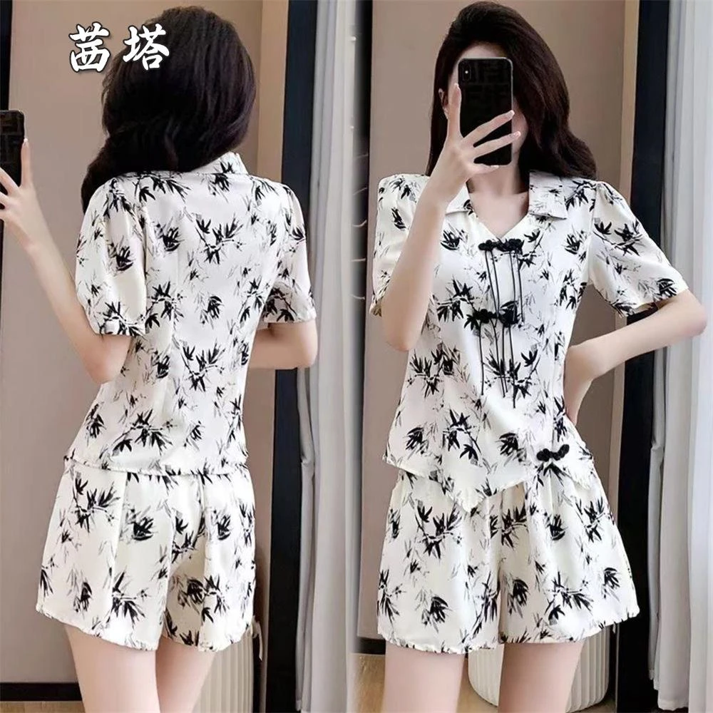 中国风盘扣水墨印花休闲套装女时尚洋气减龄短袖阔腿短裤两件套夏
