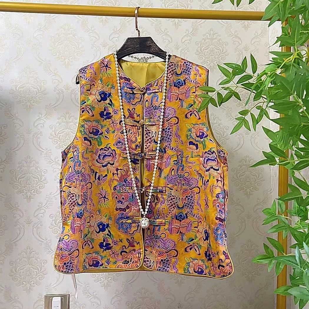 大聪新中式国风盘扣黄色马夹胖妹妹时尚贵气加肥200斤坎肩018979