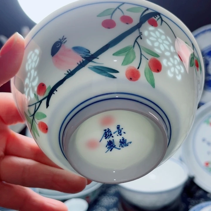 青花玲珑5寸饭碗手花花鸟