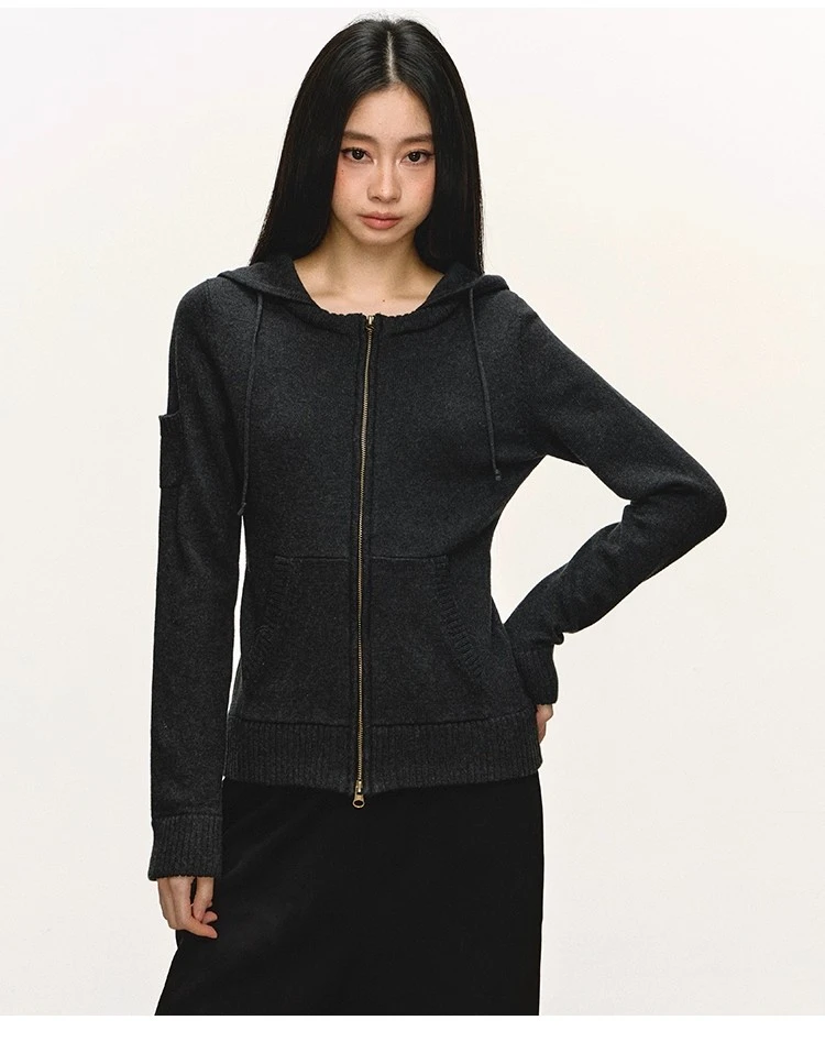 anna aneae针织连帽卫衣外套女秋冬季软糯糯灰色短款连帽长袖上衣