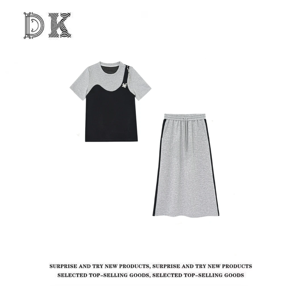 『独家记忆』2025夏季新款灰色拼接假两件重工宽松两件套【DK】