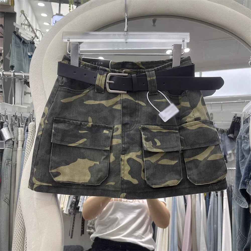 【现货】高腰口袋洋气时尚防走光牛仔短裙夏季迷彩辣妹工装半身短裙