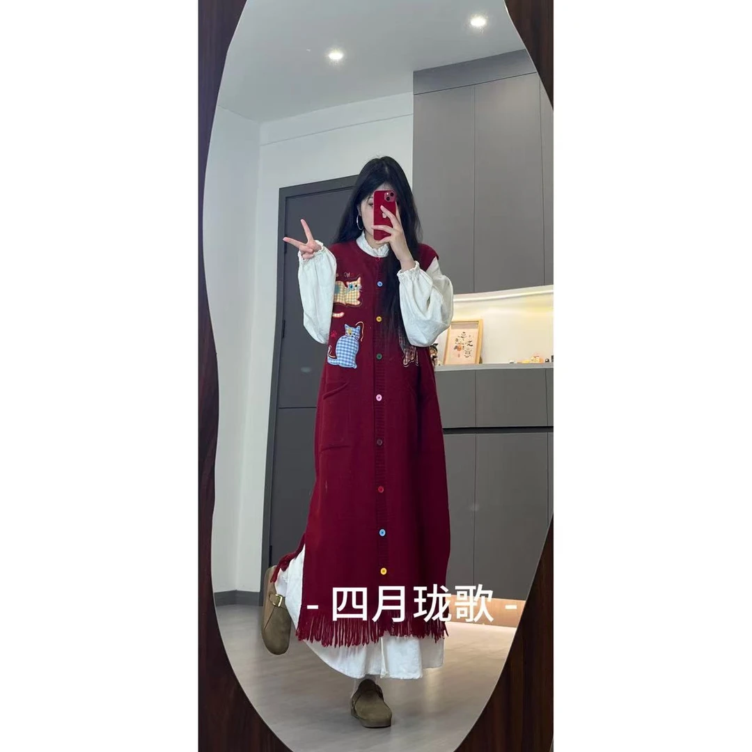 新年限定红色幸运小猫针织开衫背心裙减龄显瘦搭配4022 2510