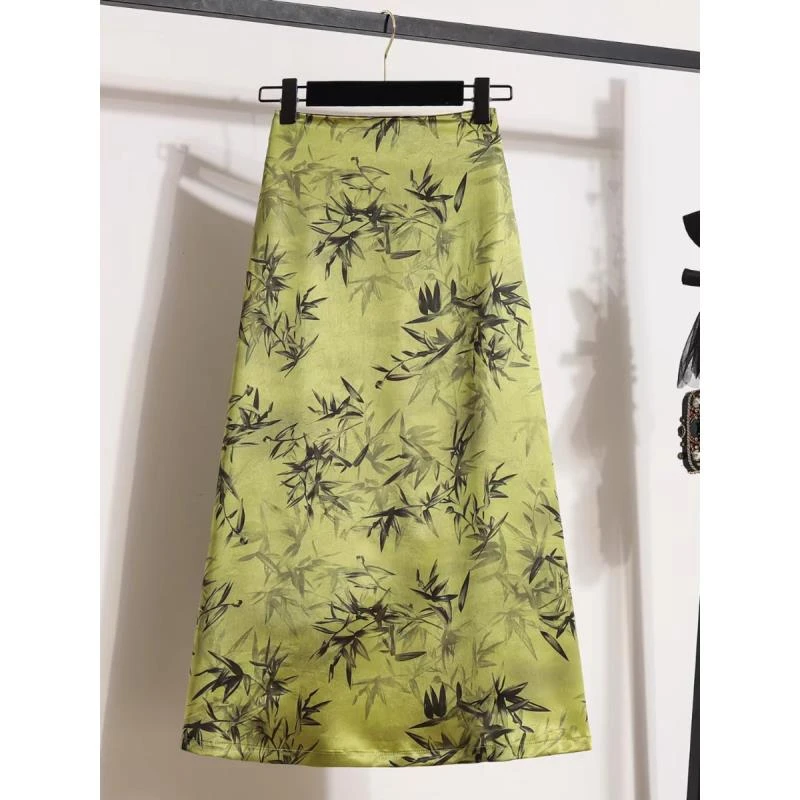 水墨竹叶印花半身裙竹叶上衣女2024春季新款高腰气质优雅百搭