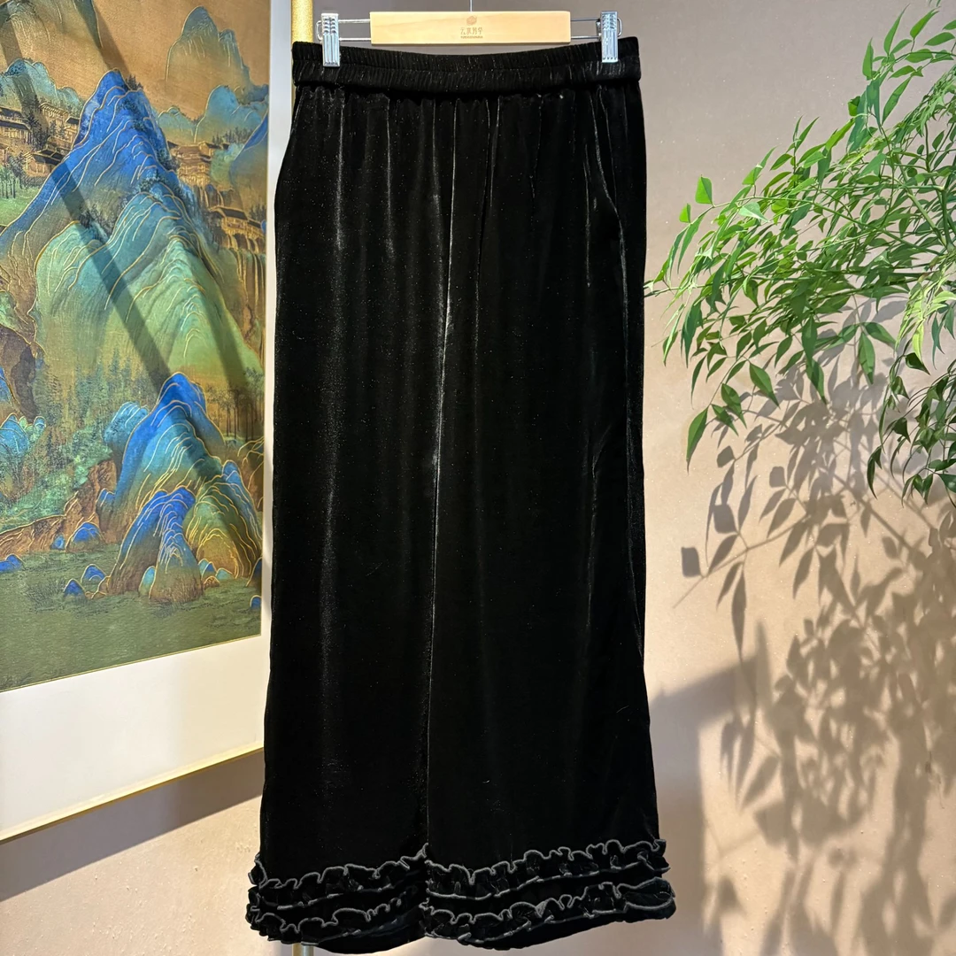 安闲 芳华设计新中式真丝丝绒裤国风百搭九分丝绒裤FH-A089