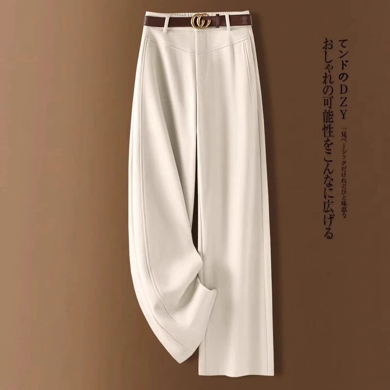 拉夏贝尔毛呢直筒裤女秋冬2024新款加绒加厚美拉德高腰窄版阔腿裤