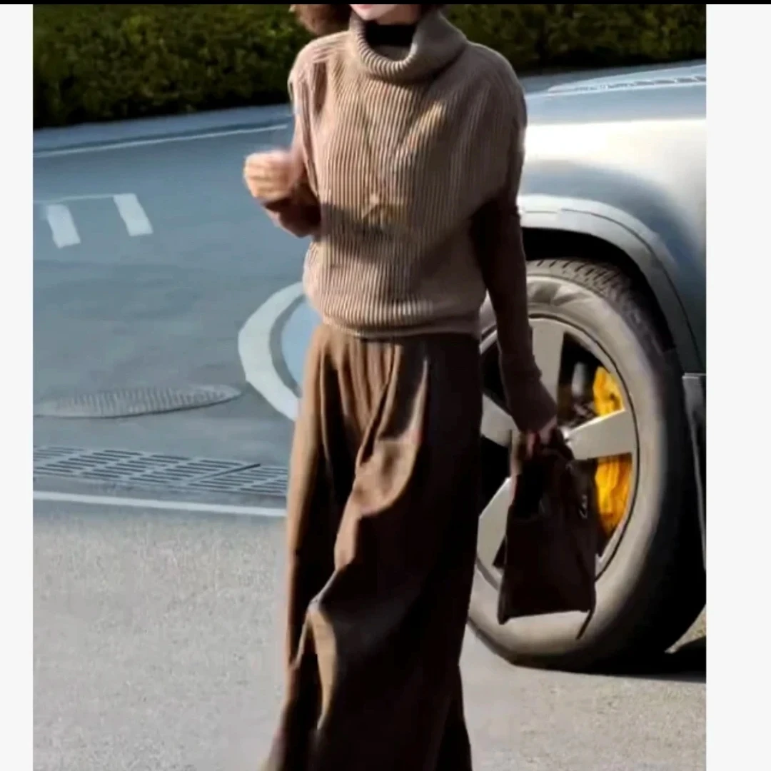 减龄洋气咖色针织上衣搭配阔腿裤套装穿搭纯色秋冬