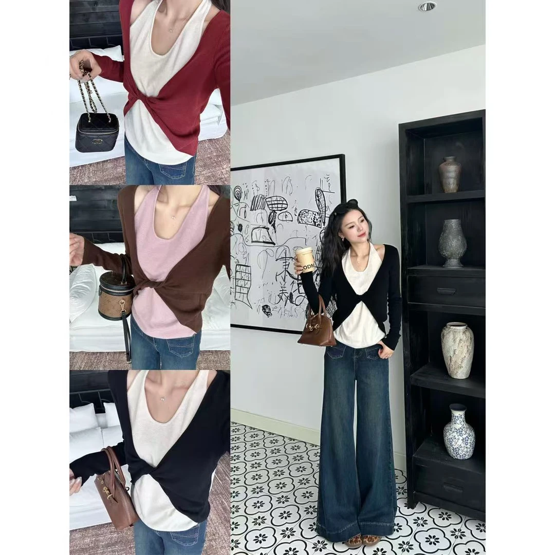 48h【纯欲假两件】加长超细羊毛交叉扭结假两件遮斜方肌针织衫25109