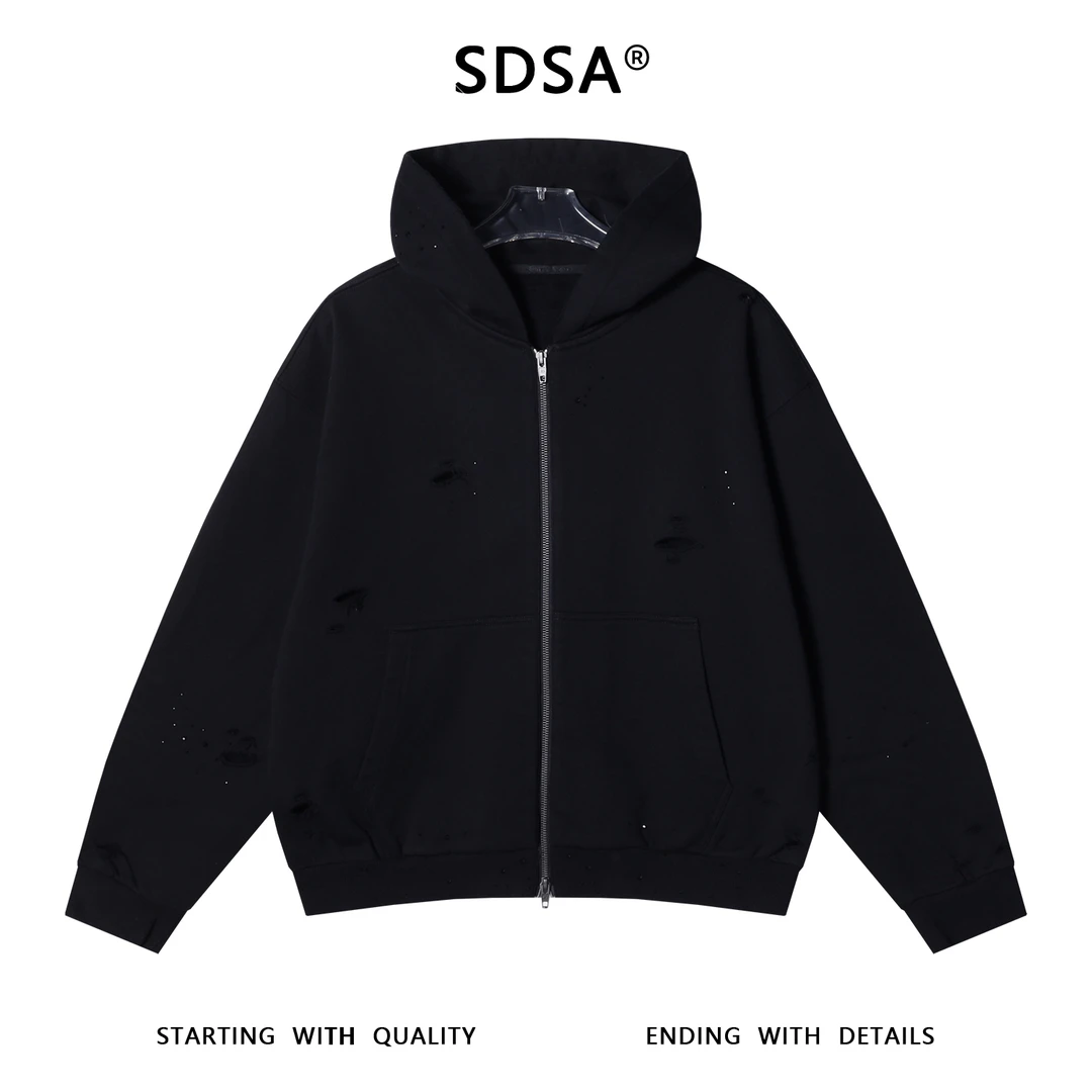 SDSA秋冬新款痞帅男装韩版纯色破洞烫钻连帽卫衣拉链开衫时尚外套